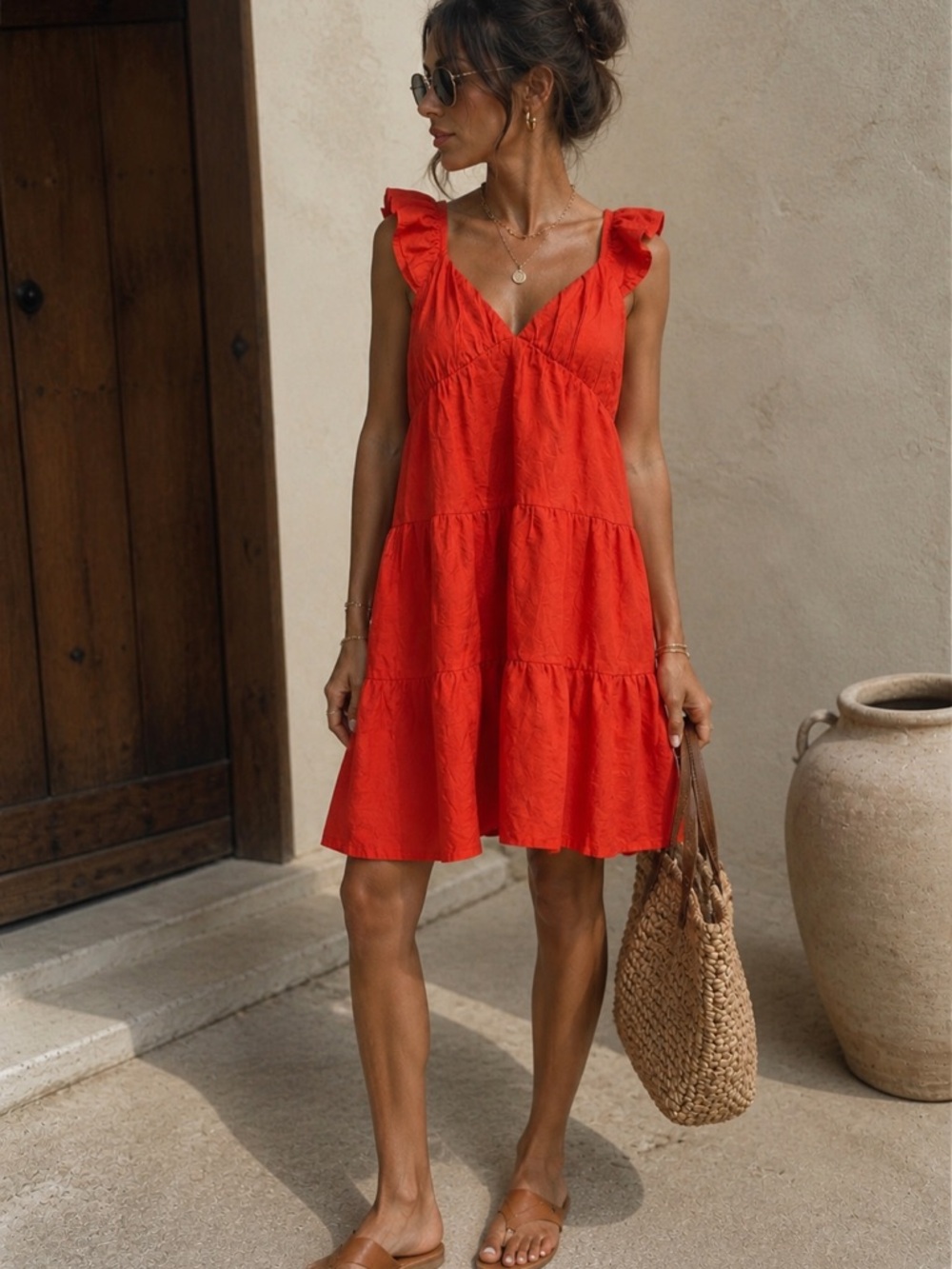 Mine Orange Ruffle Strap Tiered Mini Dress Babydoll Vacation Resort Boho Small